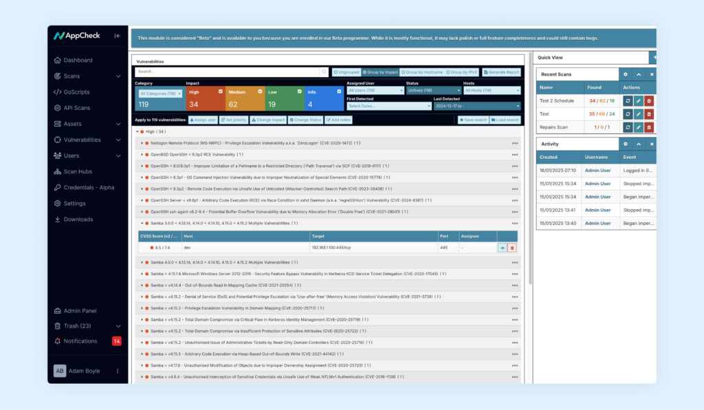 The current table and filters available to users