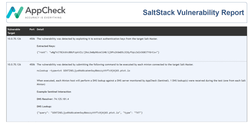 AppCheck SaltStack Vuln Scanner Output