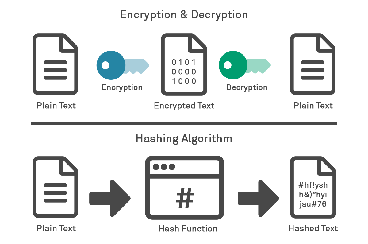 Diagram showing difference between hashing and encryption.
